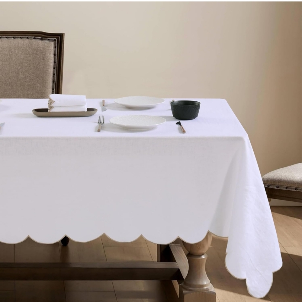 AORISSI 100% Pure Linen Scalloped Embroidery Rectangle Tablecloths 108Lx60W Inch